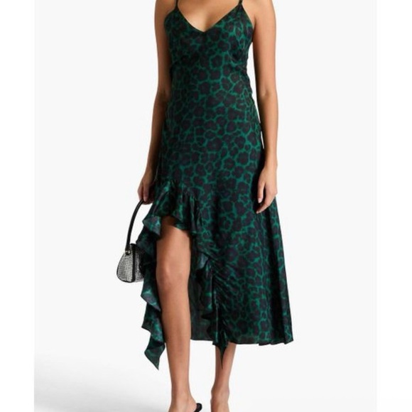 Sandro Dresses & Skirts - Sandro Women's Green Ruched Leopard-print Satin-twill Midi Slip Dress size 40
